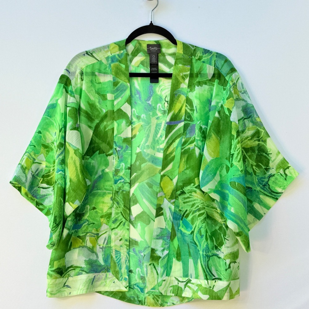 Chicos Travelers Kimono Top Womens 0 Small Green Floral Tropical Cruise Luxe